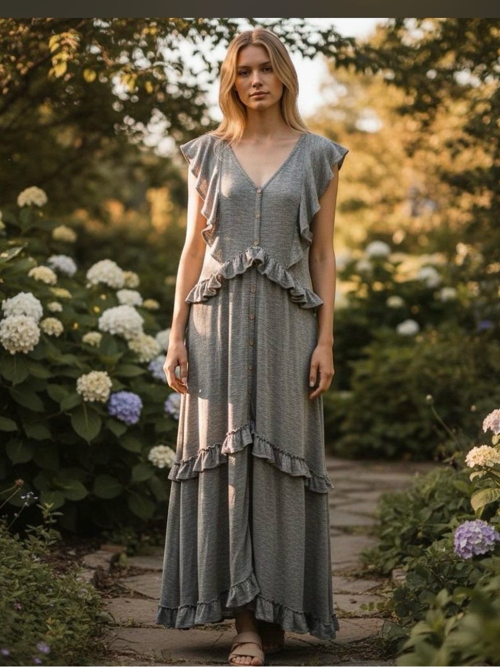 Free People FP Beach Maxi Dress Womens Grey Ruffle Button Front Boho Xs